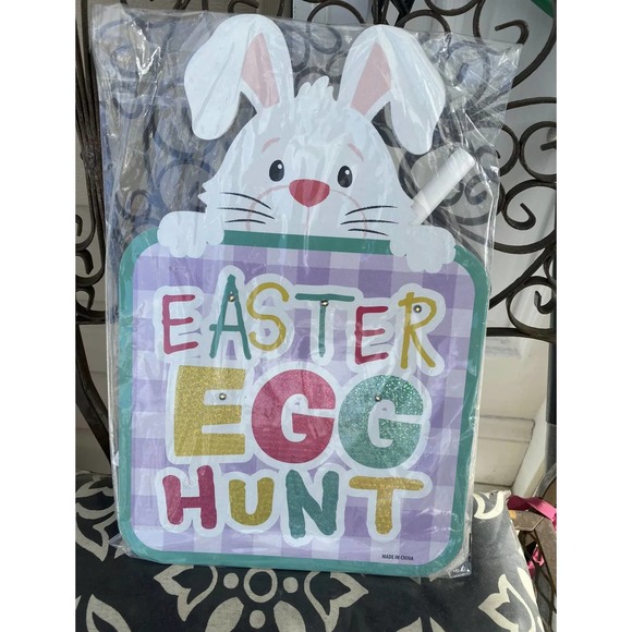 Lighted Light Up Happy Easter Egg Hunt White Bunny Welcome Yard Stake Sign - Picture 1 of 4